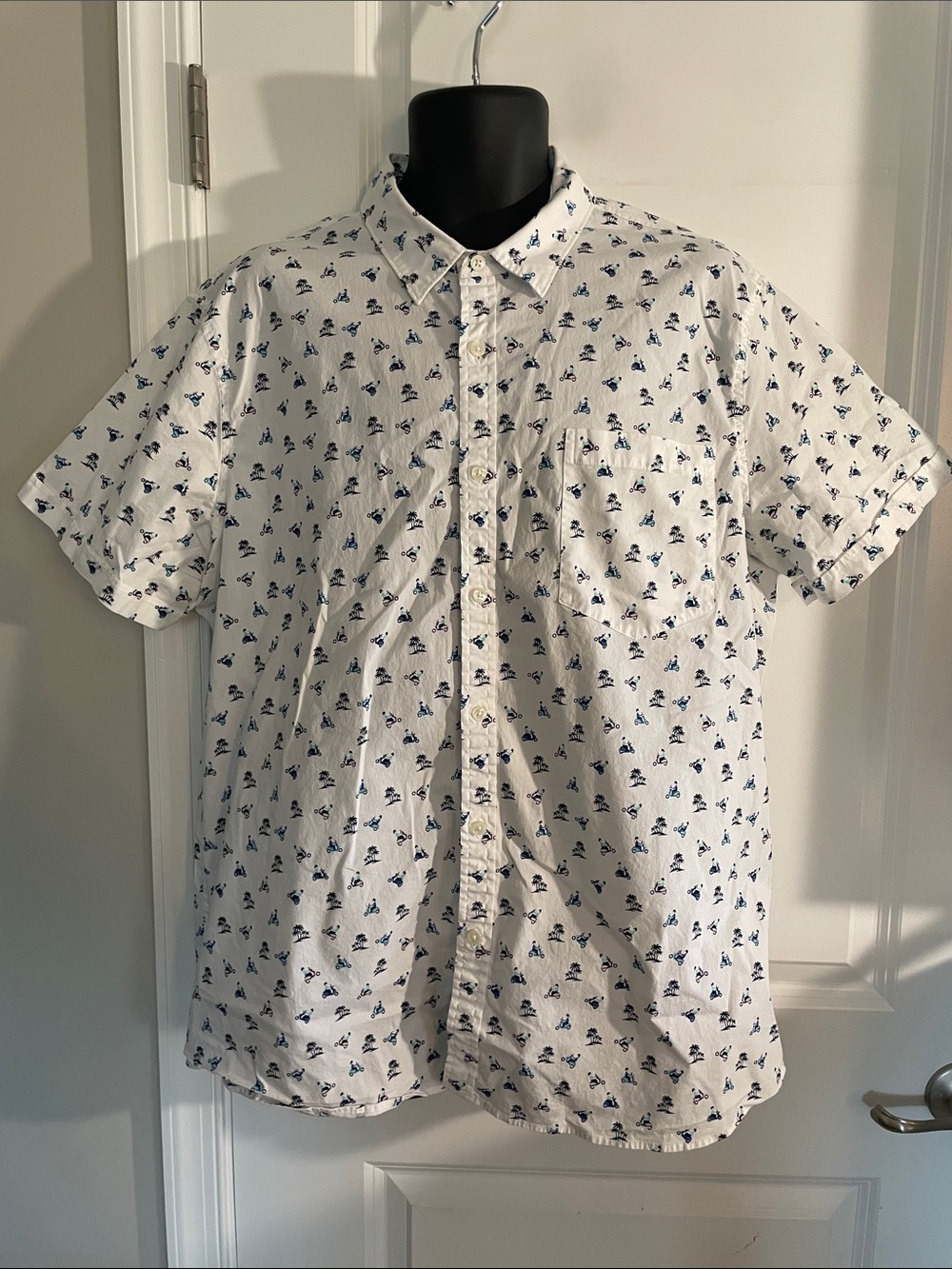 White Short-Sleeve Button-Up Shirt with pink scooter and palm trees print